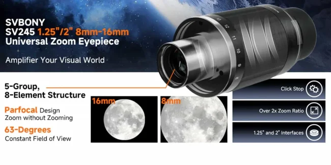 Окуляр-зум широкоугольный SVBONY 8-16 мм 63°, 1,25" 2"