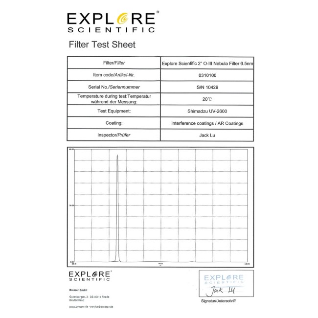 Фильтр Explore Scientific 2" O-III Nebula 6.5nm Фильтр Explore Scientific 2" O-III Nebula 6.5nm