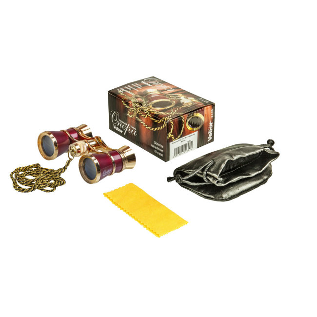Бинокль театральный Veber Opera БГЦ 3x25 с цепочкой, красный/золотой
