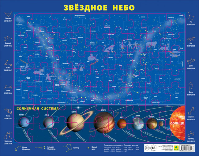 Карта звездного неба и Солнечной системы. Детский пазл на подложке (36х28 см)