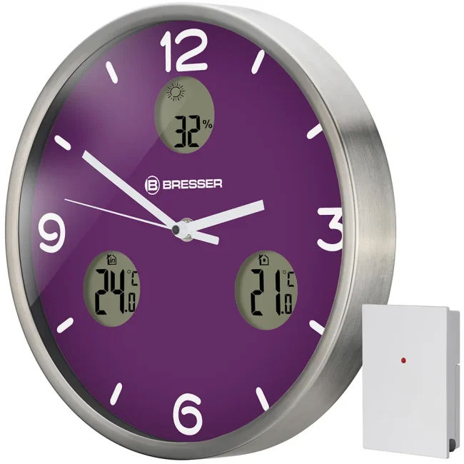 Часы настенные Bresser MyTime io NX Thermo/Hygro, 30 см, фиолетовые Часы настенные Bresser MyTime io NX Thermo/Hygro, 30 см, фиолетовые