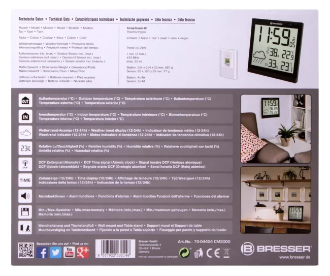 Метеостанция (настенные часы) Bresser TemeoTrend JC LCD с радиоуправлением, черная