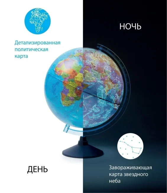 Глобус "День и ночь" с двойной картой, подсветка от батареек Глобус "День и ночь" с двойной картой, подсветка от батареек