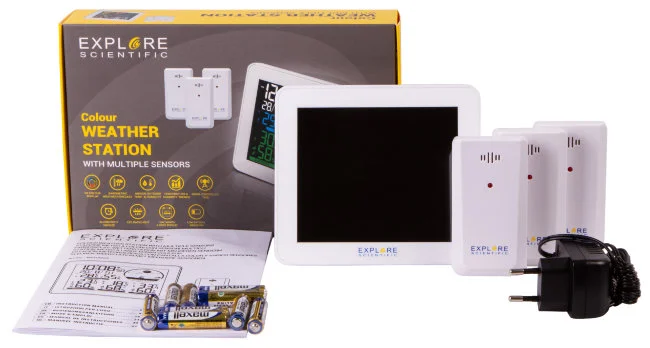 Метеостанция Explore Scientific с цветным экраном и тремя датчиками, белая