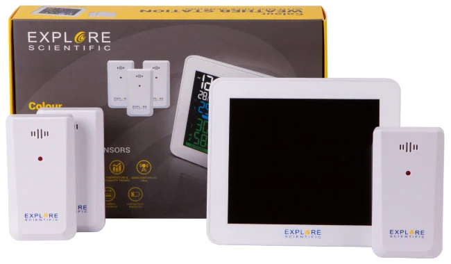 Метеостанция Explore Scientific с цветным экраном и тремя датчиками, белая