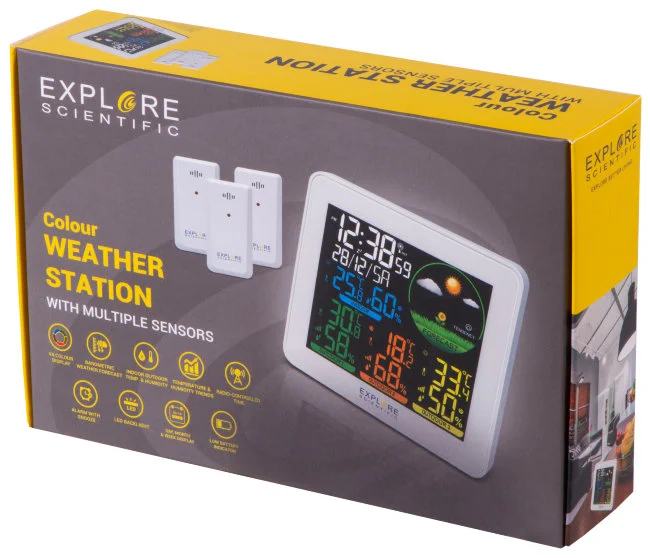 Метеостанция Explore Scientific с цветным экраном и тремя датчиками, белая